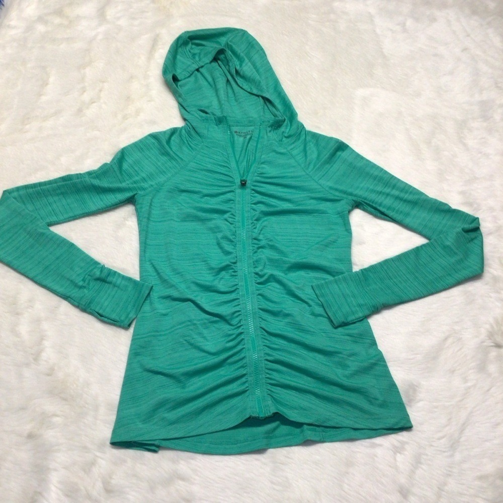 Athleta Hoodie Women XS Green Space Dye Ruched Full Zip Thumbhole Activewear